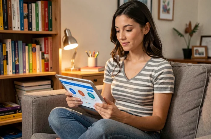 Enseignante accédant aux services de l'intranet AC Amiens depuis son domicile sur une tablette numérique
