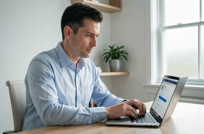 Homme consultant le site OVH pour acheter un nom de domaine sur son ordinateur portable dans un bureau à domicile