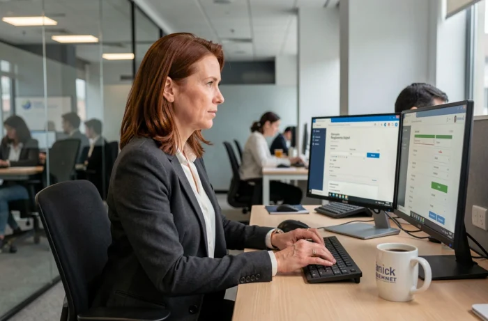 Femme professionnelle achetant un nom de domaine OVH depuis un ordinateur de bureau en open space
