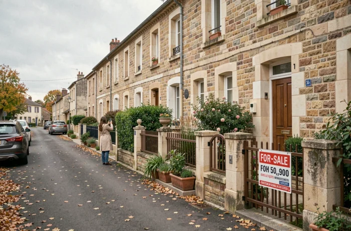 Acquéreuse potentielle photographiant une maison à vendre avec affichage du prix dans un quartier résidentiel français