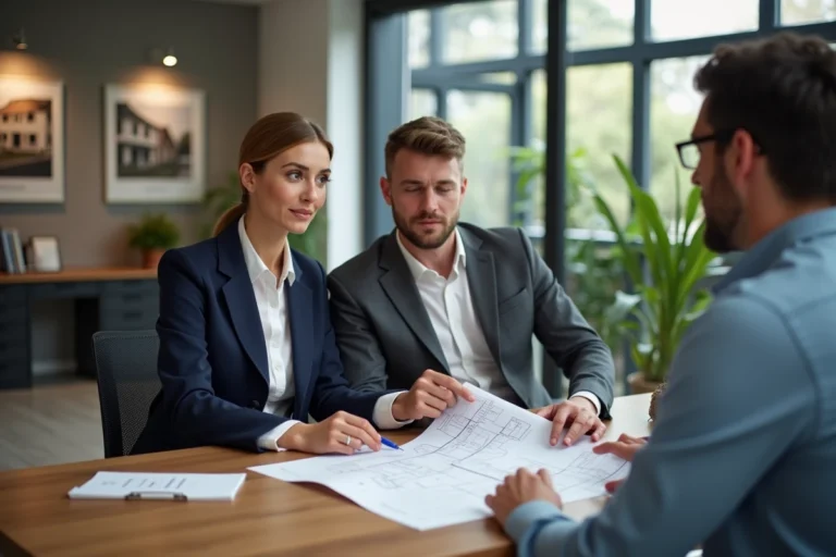 Agent immobilier présentant des documents de vente à un couple dans une agence moderne