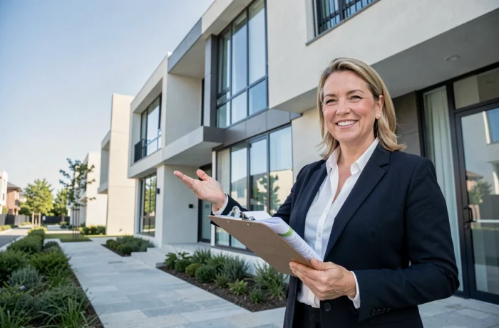 Agent immobilière professionnelle devant un immeuble résidentiel moderne tenant des documents de vente