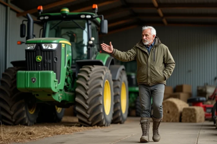Agriculteur français inspecte ses machines agricoles modernes dans une grande grange, symbole de son empire agricole prospère