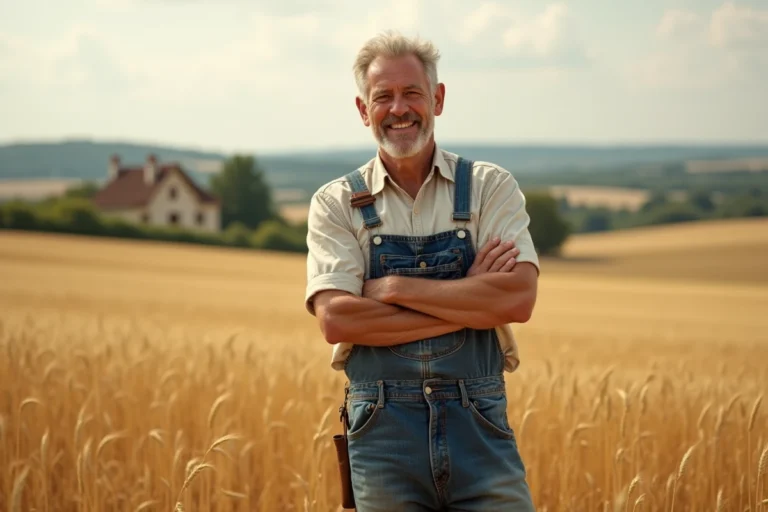 Agriculteur français prospère debout dans un champ de blé doré, incarnant le succès et la fierté rurale en France