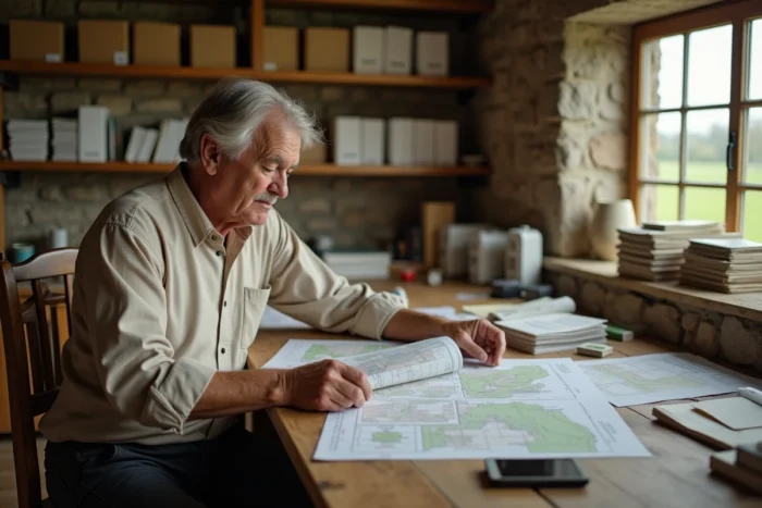 Agriculteur entrepreneur dans son bureau de ferme en pierre, analysant des documents et cartes agricoles avec assurance