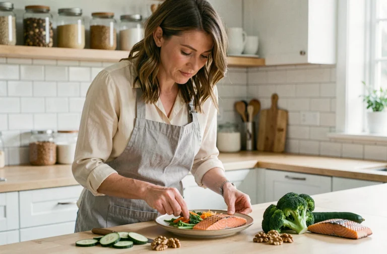 Femme préparant un repas sain et équilibré adapté à un traitement sous cortisone, avec légumes frais, saumon et noix sur un comptoir de cuisine