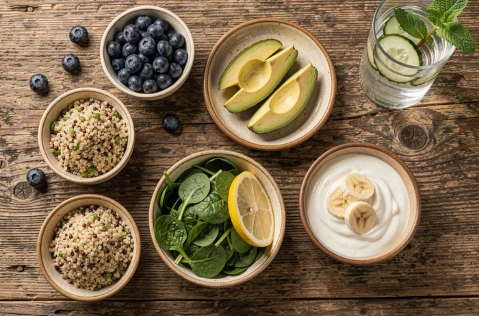 Vue aérienne d'un assortiment d'aliments anti-inflammatoires à privilégier sous cortisone : avocat, myrtilles, quinoa, épinards et yaourt