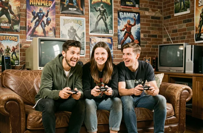 Groupe d'amis jouant aux jeux vidéo ensemble dans un salon geek rétro et convivial