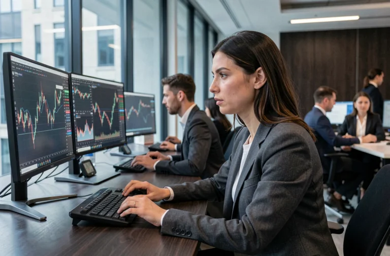 Analyste financière étudiant des graphiques boursiers en temps réel sur plusieurs écrans dans un bureau moderne