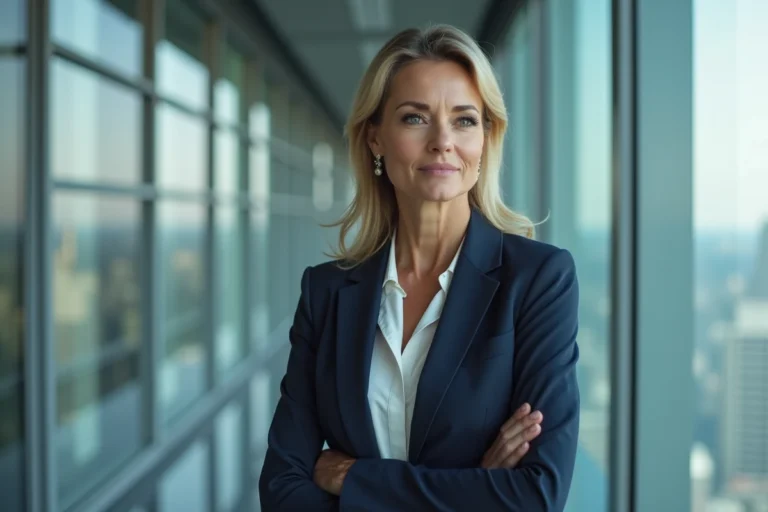 Anne Dewavrin, femme déterminée en blazer marine, posant avec assurance dans un couloir de bureaux modernes avec vue sur la ville