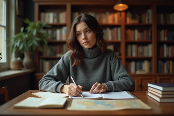 Jeune femme concentrée prenant des notes à un bureau en bois dans une bibliothèque personnelle, évoquant le parcours et la réflexion d'Anne Dewavrin