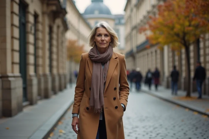 Femme déterminée marchant dans une rue pavée d'une ville européenne historique en automne, illustrant le parcours inspirant et les défis surmontés d'Anne Dewavrin
