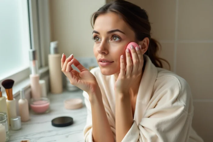 Femme appliquant un fond de teint couvrant liquide avec une éponge beauty blender devant une coiffeuse en marbre