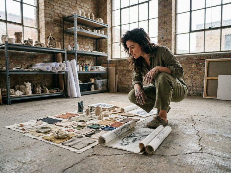 Femme créative aménageant un moodboard artisanal dans un studio de design d'intérieur en entrepôt reconverti