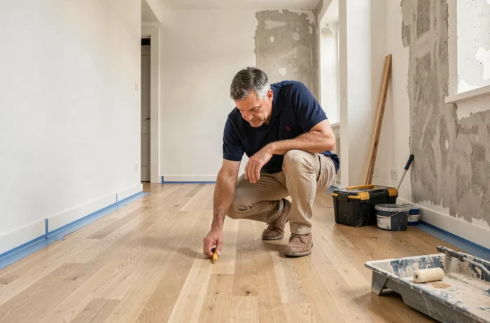 Artisan inspectant le parquet en chêne d'un appartement en cours de rénovation à Lyon