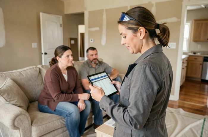 Professional tradeswoman presenting a renovation quote to a couple of homeowners in a living room
