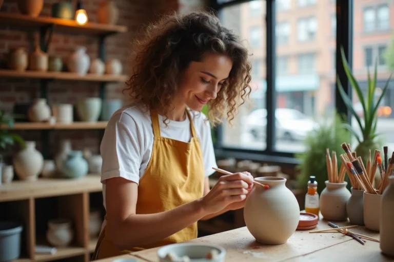 Femme créative peignant un vase en céramique dans un atelier artisanal urbain tendance
