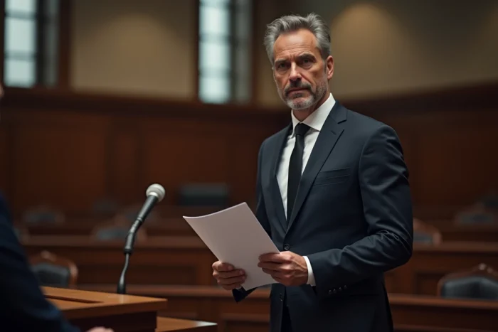 Avocat en costume sombre debout à la tribune d'un tribunal tenant un dossier juridique