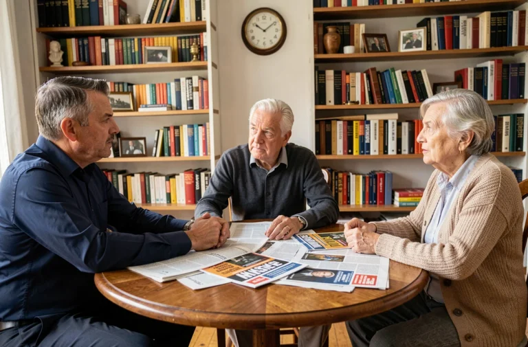 Manuel Bompard en discussion politique avec ses parents autour d'une table familiale dans un intérieur français typique