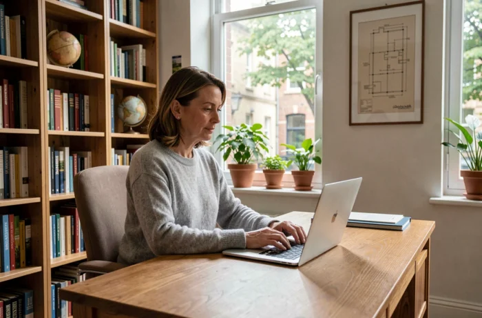 Femme travaillant dans un bureau dédié d'un appartement 5 pièces avec bibliothèque et vue sur cour intérieure