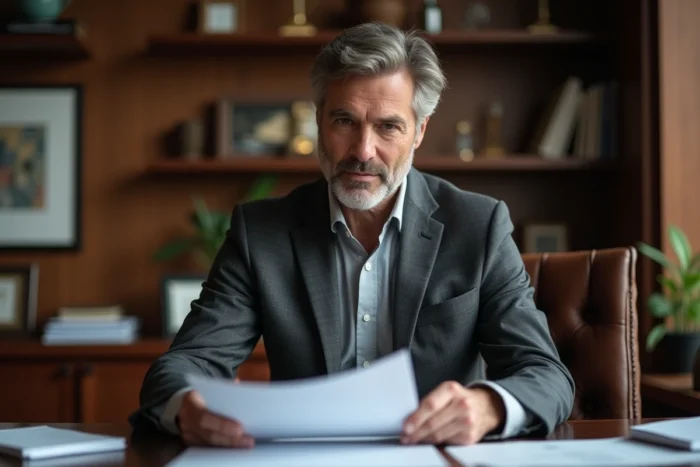 Homme d'affaires en blazer consultant des documents dans un bureau exécutif luxueux, symbolisant richesse et carrière professionnelle accomplie
