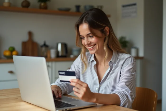 Femme utilisant un site de cashback sur son ordinateur portable tout en tenant une carte bancaire lors de ses achats en ligne