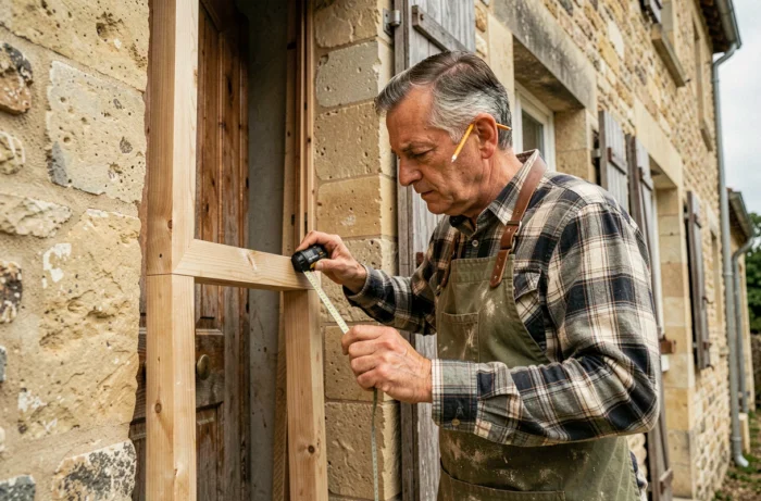 Experienced carpenter measuring a wooden door frame on a traditional stone house