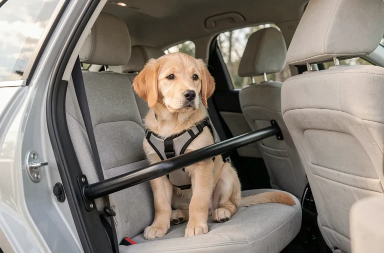 Chiot Golden Retriever sécurisé dans un SUV familial grâce à une barre anti écrasement en acier noir installée sur la banquette arrière