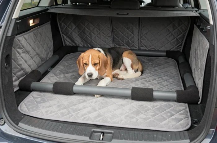 Beagle puppy protected in the trunk of a station wagon by an adjustable anti-crushing bar with foam protections at contact points