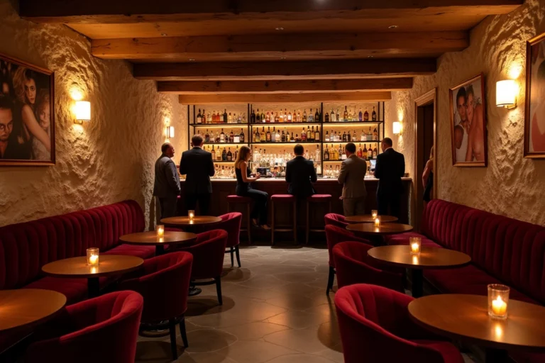 Vue intérieure d'un club nocturne sophistiqué en Bretagne, avec canapés en velours bordeaux, murs en pierre et ambiance feutrée évoquant les clubs échangistes bretons