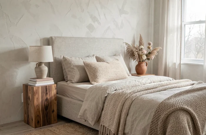 Coin chambre décoré avec tête de lit en lin, literie neutre, table de chevet en noyer et fleurs séchées