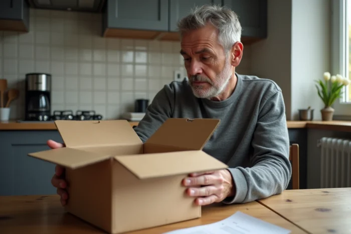 Homme découvrant des articles manquants dans sa livraison Carrefour à domicile