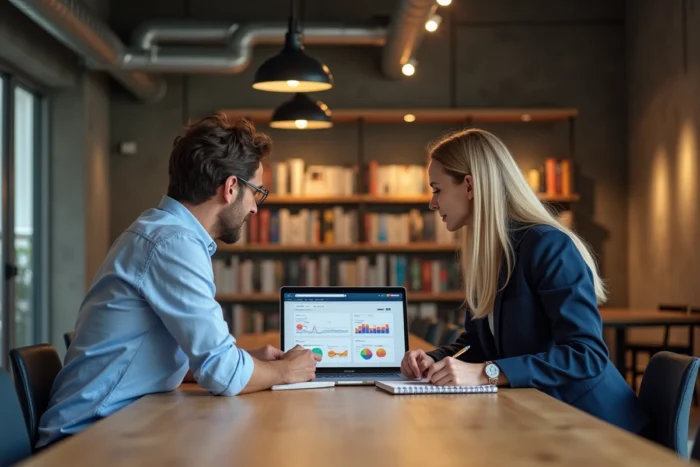 Deux professionnels collaborant sur une analyse de backlinks et de veille concurrentielle dans un espace de co-working