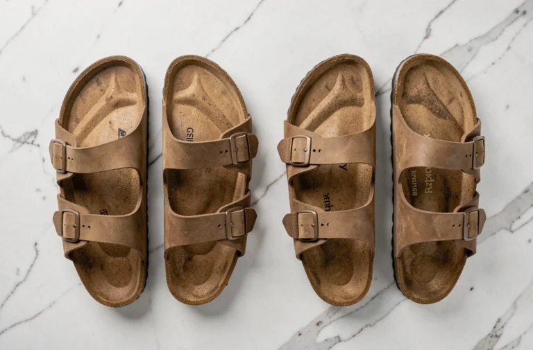 Comparaison côte à côte d'une paire de sandales Billowy et d'une paire de Birkenstock sur marbre blanc, vue de dessus