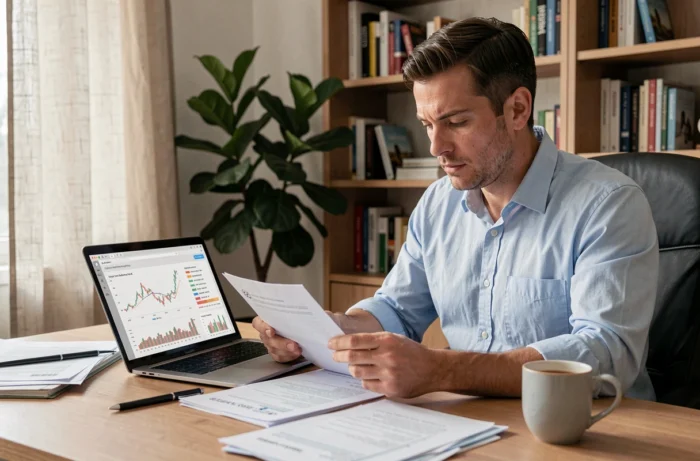 Homme comparant des taux de crédit consommation sur ordinateur portable avec des documents bancaires sur son bureau à domicile
