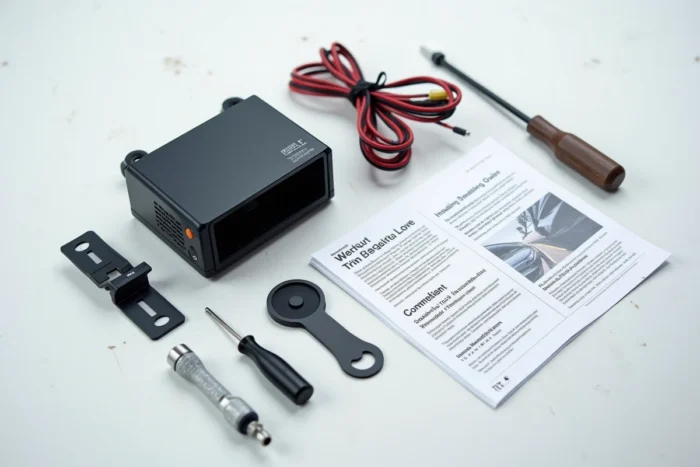 Vue à plat des composants d'un kit GPS voiture avec outils et notice d'installation sur un établi d'atelier