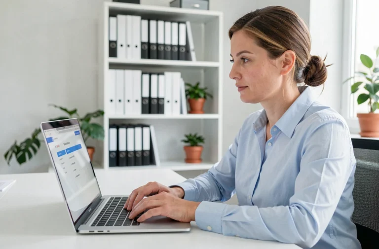 Femme enseignante connectée à l'intranet AC Amiens sur un ordinateur portable dans un bureau administratif moderne