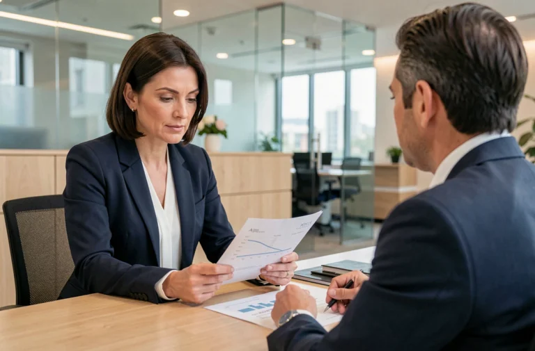 Femme professionnelle consultant un conseiller bancaire dans une agence moderne pour des conseils sur crédits et placements