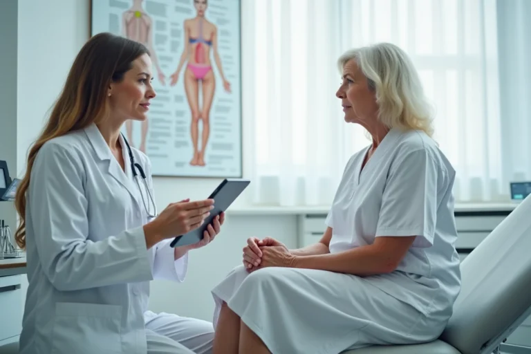 Consultation dermatologique pour zona fessier, patiente discutant de symptômes cutanés avec une dermatologue