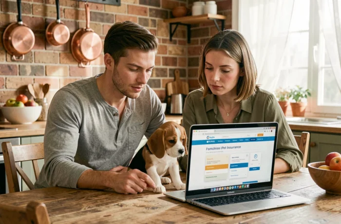 Couple comparant des offres d'assurance animaux sur un ordinateur avec leur chiot beagle