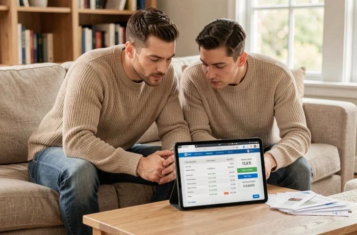 Couple comparant les taux de crédit consommation sur une tablette dans leur salon pour choisir la meilleure banque en 2024