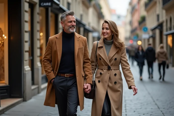 Couple élégant se promenant dans une avenue huppée, évoquant la fortune, le style de vie aisé et le parcours d'un entrepreneur à succès