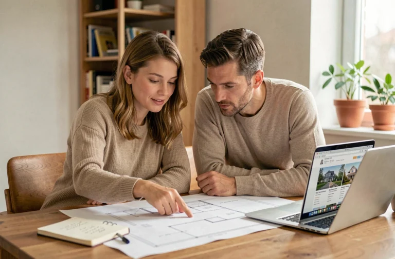 Couple étudiant des plans immobiliers sur une table en bois avec un ordinateur portable et des documents de projet