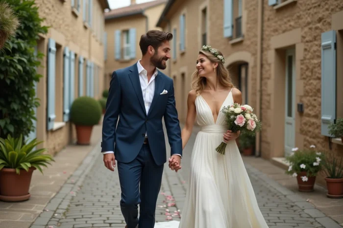 Couple de mariés marchant sur une ruelle pavée d'un village français avec des maisons en pierre et des volets colorés