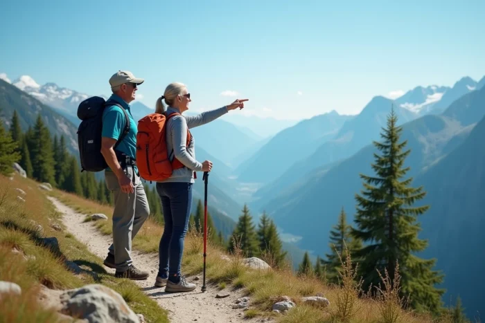 Couple de seniors en randonnée sur un sentier de montagne admirant un panorama de vallée alpine pendant leurs vacances