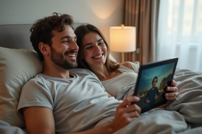 Couple regardant du contenu sur une tablette via une plateforme de streaming dans une chambre