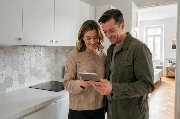 Couple vérifiant les finitions d'une cuisine rénovée dans un appartement neuf à Lyon