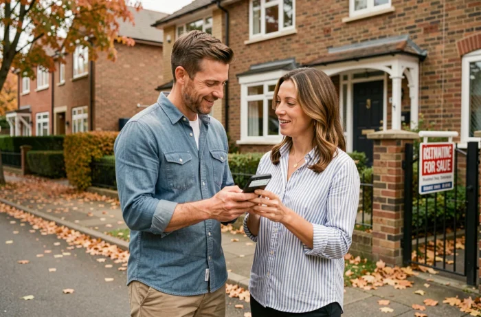 Couple devant une maison à vendre consultant une application de recherche immobilière sur smartphone
