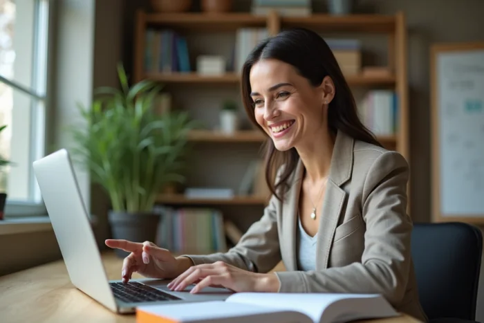 Femme donnant un cours particulier en ligne via un outil de visioconférence depuis son bureau à domicile avec un manuel et un marqueur