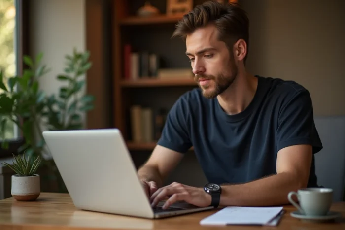 Homme rédigeant du contenu sur son blog monétisé par l'affiliation depuis son bureau à domicile avec un dashboard visible à l'écran